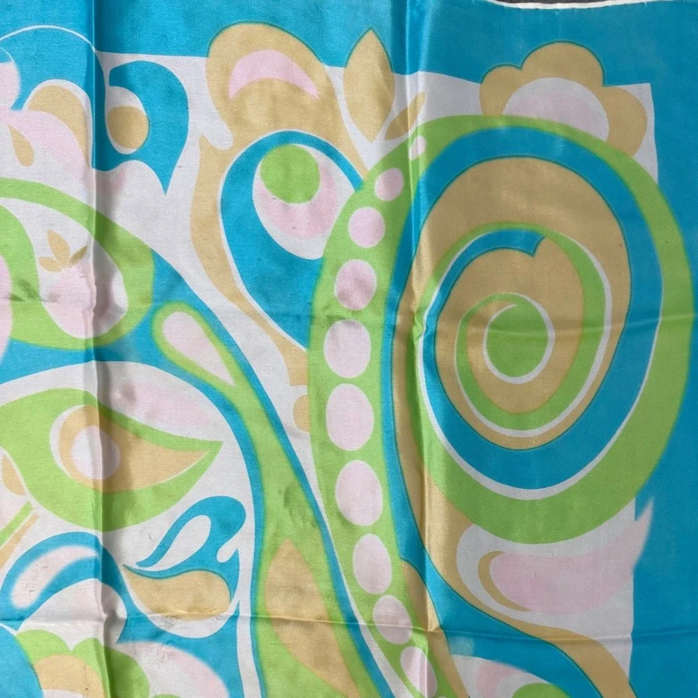 Vintage Psychedelic Floral Paisley Square Scarf Blue Green Mid‎ Century Chic